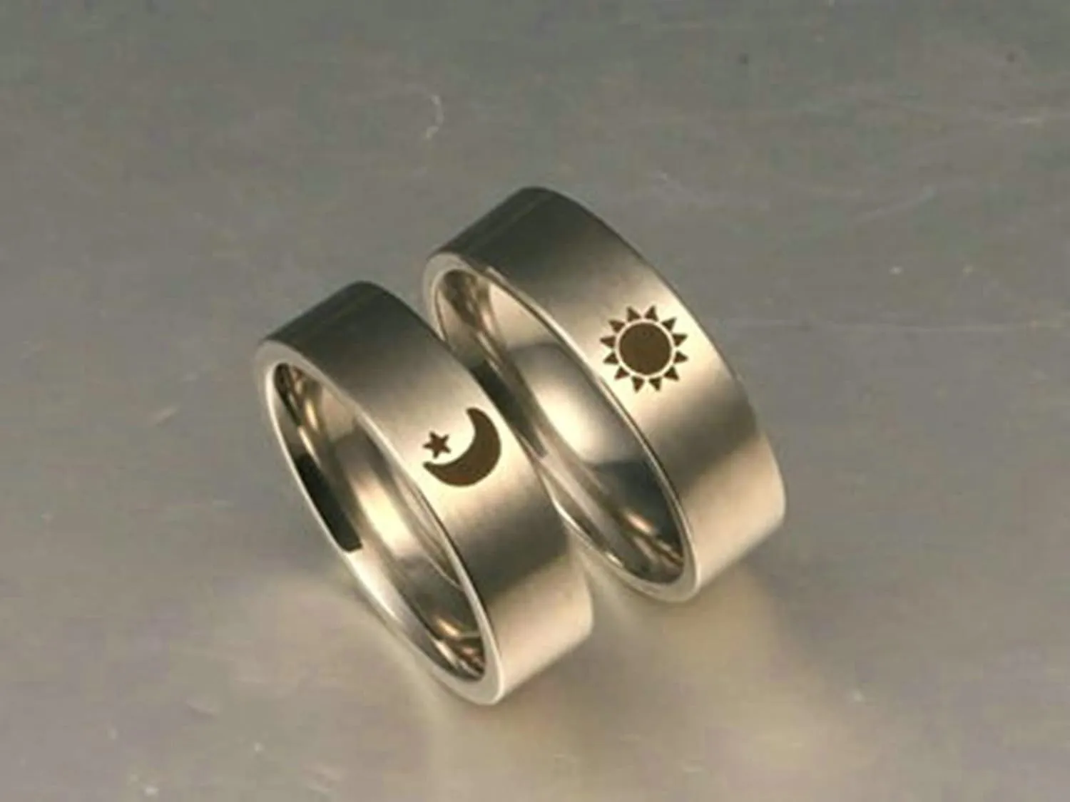 1 Pair Matching Promise Rings, Sun and Moon Matte Band Ring Stainless Steel Personalized Couples Rings Silver