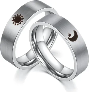 1 Pair Matching Promise Rings, Sun and Moon Matte Band Ring Stainless Steel Personalized Couples Rings Silver