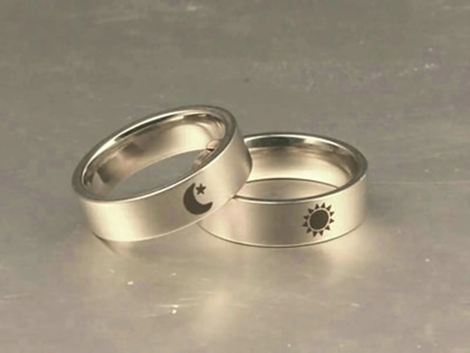 1 Pair Matching Promise Rings, Sun and Moon Matte Band Ring Stainless Steel Personalized Couples Rings Silver