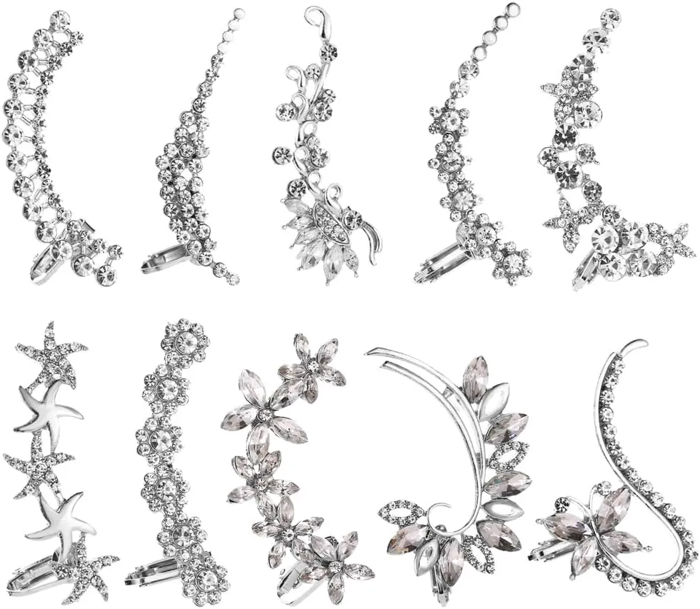 10 Pcs Rhinestone Ear Cuffs Non Piercing Cartilage Ear Clips Creative Crystal Flower Climber Wrap Around Earrings Bling Fake Earrings Fashion Ear Clip Jewelry