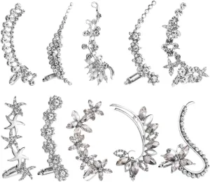 10 Pcs Rhinestone Ear Cuffs Non Piercing Cartilage Ear Clips Creative Crystal Flower Climber Wrap Around Earrings Bling Fake Earrings Fashion Ear Clip Jewelry