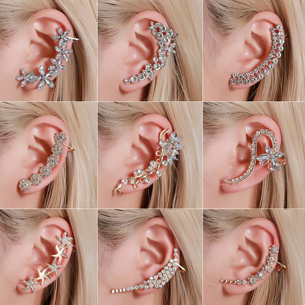 10 Pcs Rhinestone Ear Cuffs Non Piercing Cartilage Ear Clips Creative Crystal Flower Climber Wrap Around Earrings Bling Fake Earrings Fashion Ear Clip Jewelry