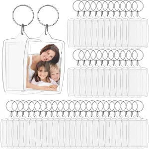 100 Pieces Acrylic Photo Keychain Bulk, Clear Keychain Photo Holder, Blank Photo Insert Keyrings, Rectangle DIY Picture Frame Keychain with Split Ring Suit for 1.3 x 1.8 Inches Photos