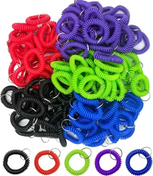 100pcs Coil Key Chains - Stretchable Plastic Wristlet Keychains, Multicolor Spiral Keychain Bracelet, Wrist Band Key Ring for Office, Workshop, Shopping Mall