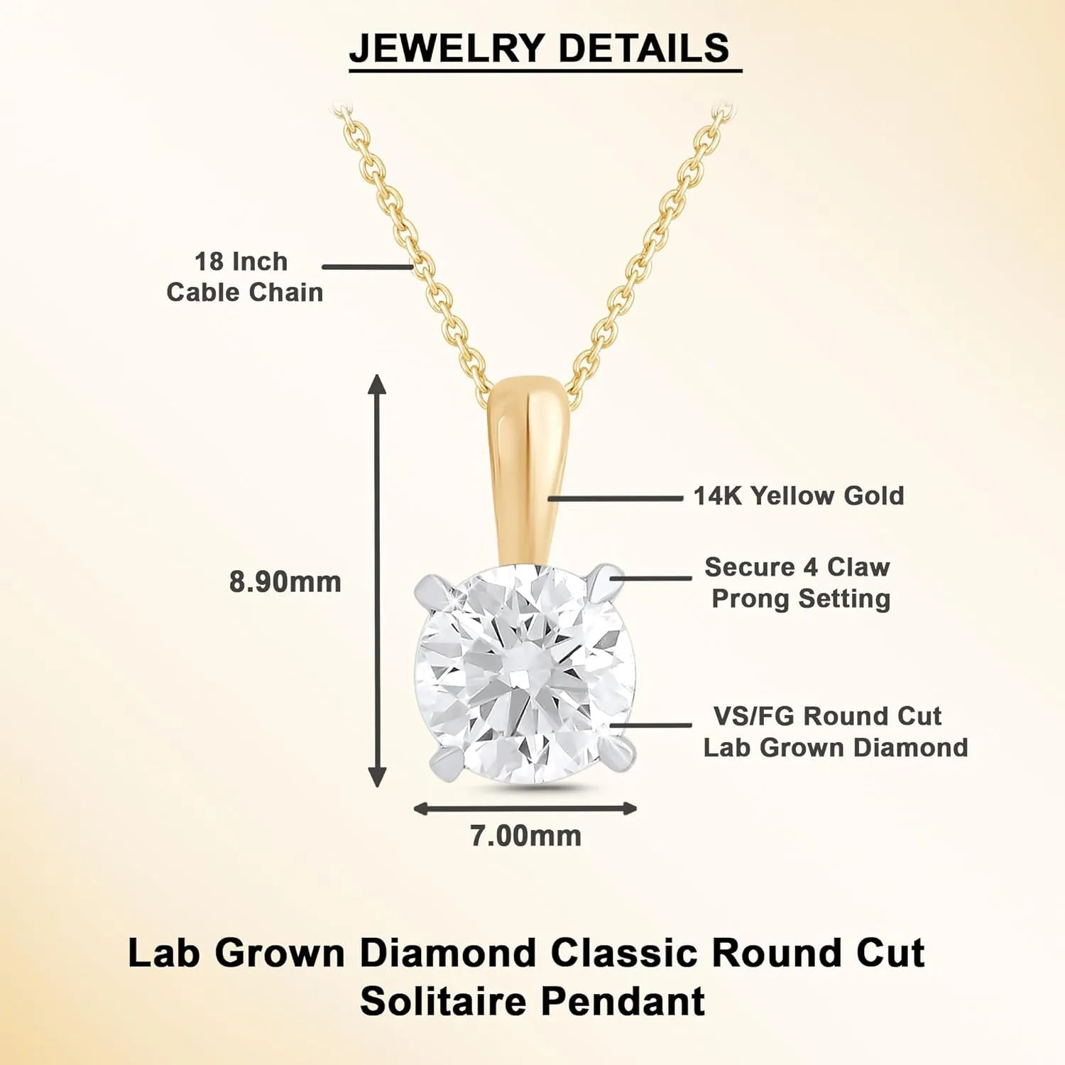1/2 Ct - 1.00 Ct Round Cut 14K White or Yellow Gold IGI Certified Lab Grown Diamond Solitaire Pendant Necklace for Women's |18 Inch 14kt Gold Cable Chain (Clarity: VS, Color; FG)