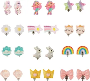 12 Pairs Clip on Earrings, Cute Rabbit Rainbow Flower Ear Clips Aesthetic Ear Clipper Jewelry Hairstyle Supply for Girls Women Birthday Gift Costume Party Accessories