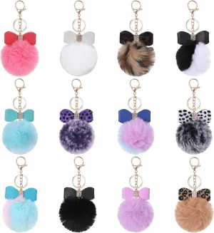 12 Pcs Pom Pom Keychain Fluffy Bow Keychain Ball Key Rings Rhinestone Keyring Pompoms Keychain Keyring for Women Girls Bag Accessories(12 Colors)