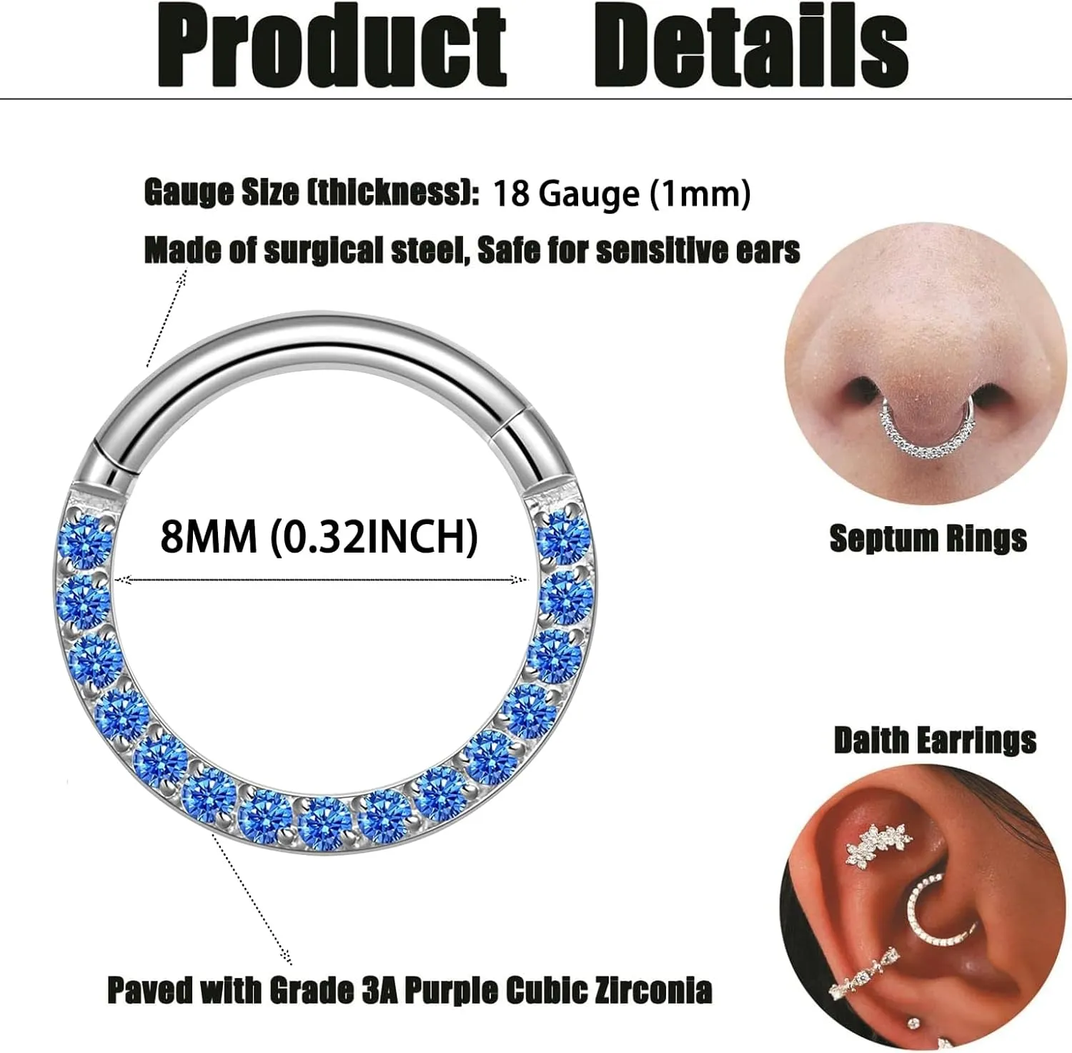 14/16/18 Gauge 6-10MM Surgical Steel Septum Clicker Rings Hinged Daith Piercing Jewelry Cubic Zirconia Small Hoops, Clear Black Pink Red Green Colorful Blue Purple