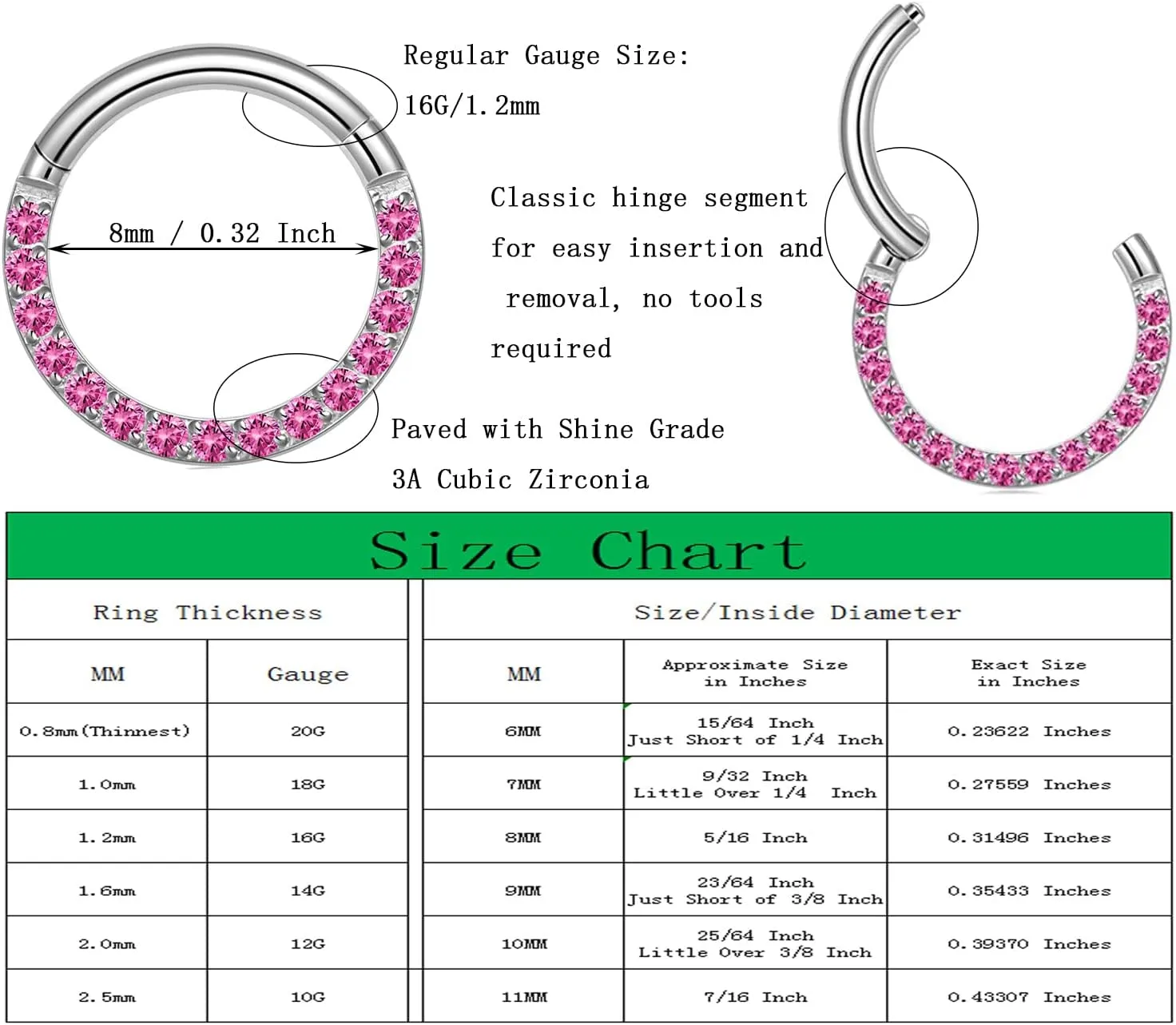 14/16/18 Gauge 6-10MM Surgical Steel Septum Clicker Rings Hinged Daith Piercing Jewelry Cubic Zirconia Small Hoops, Clear Black Pink Red Green Colorful Blue Purple