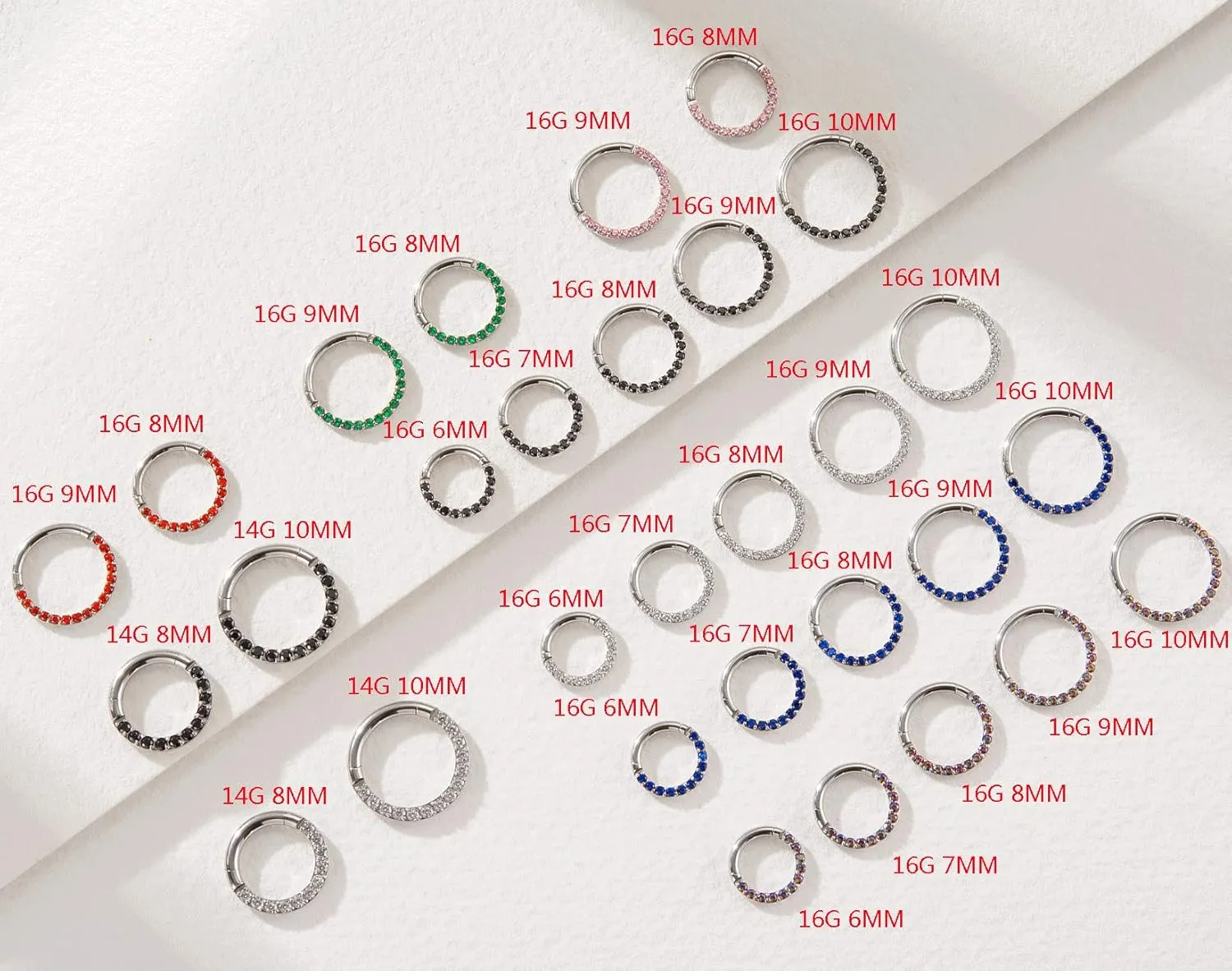 14/16/18 Gauge 6-10MM Surgical Steel Septum Clicker Rings Hinged Daith Piercing Jewelry Cubic Zirconia Small Hoops, Clear Black Pink Red Green Colorful Blue Purple