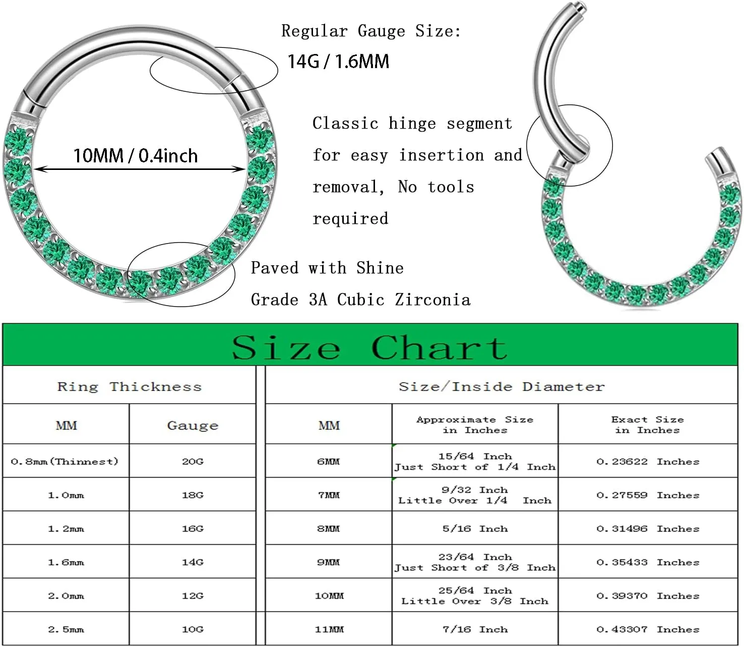 14/16/18 Gauge 6-10MM Surgical Steel Septum Clicker Rings Hinged Daith Piercing Jewelry Cubic Zirconia Small Hoops, Clear Black Pink Red Green Colorful Blue Purple