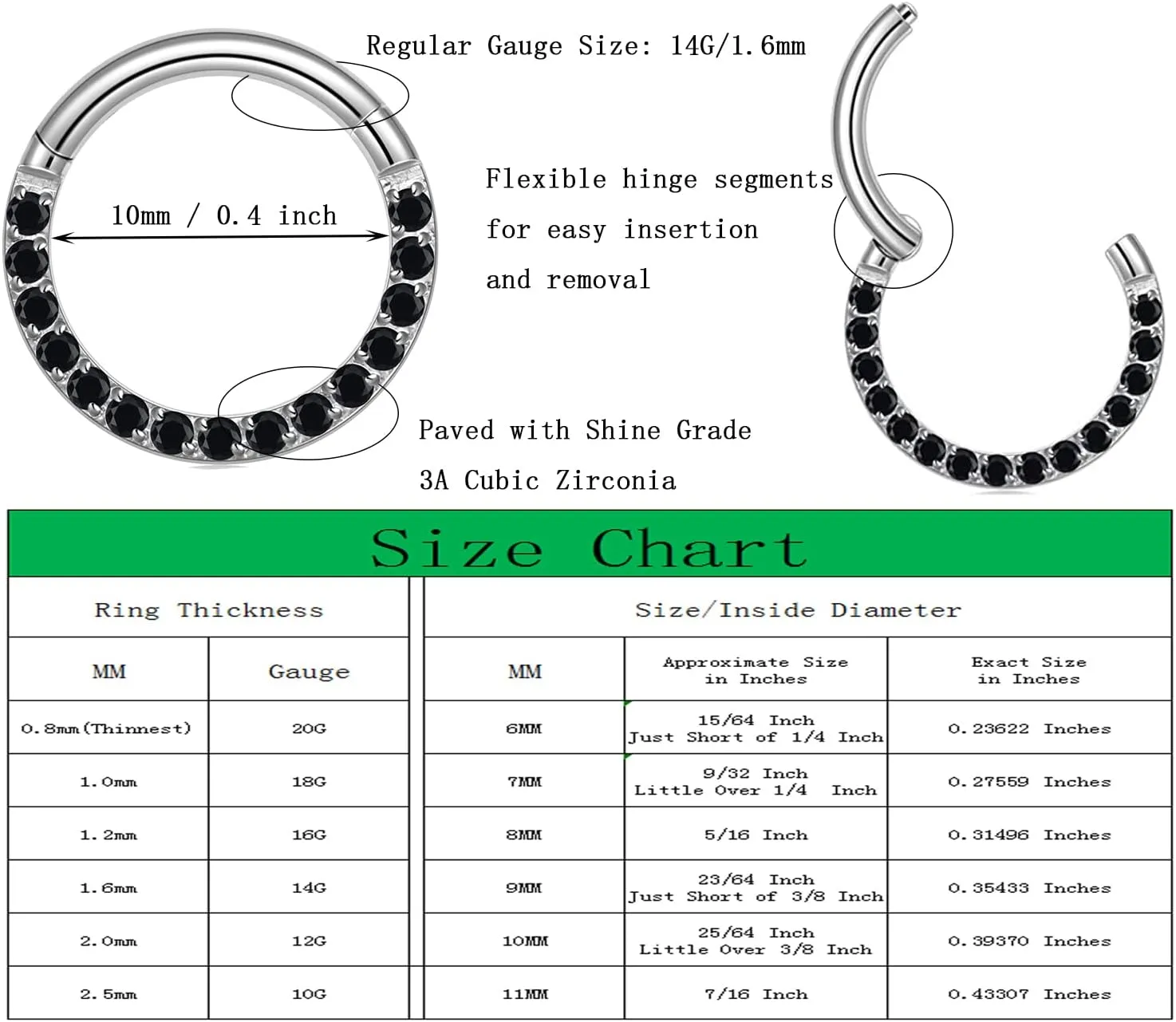 14/16/18 Gauge 6-10MM Surgical Steel Septum Clicker Rings Hinged Daith Piercing Jewelry Cubic Zirconia Small Hoops, Clear Black Pink Red Green Colorful Blue Purple