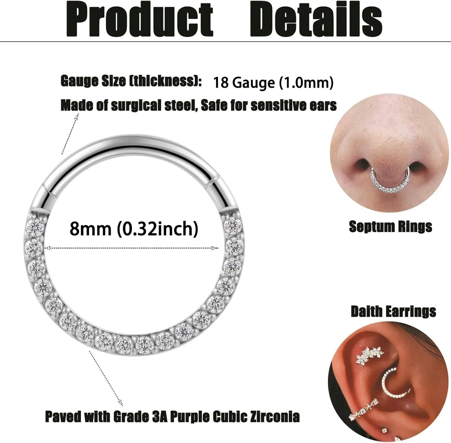 14/16/18 Gauge 6-10MM Surgical Steel Septum Clicker Rings Hinged Daith Piercing Jewelry Cubic Zirconia Small Hoops, Clear Black Pink Red Green Colorful Blue Purple