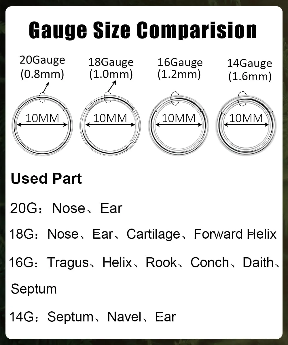 14G 16G 18G 20G 316L Stainless Steel Hinged Nose Rings Hoop for Women Men Septum Clicker Hinged Segment Ring Cartilage Helix Tragus Earring Lip Rook Conch Hoop 6-14MM