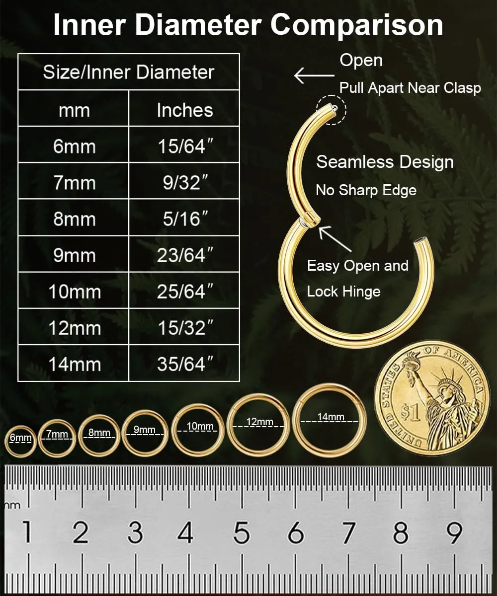 14G 16G 18G 20G 316L Stainless Steel Hinged Nose Rings Hoop for Women Men Septum Clicker Hinged Segment Ring Cartilage Helix Tragus Earring Lip Rook Conch Hoop 6-14MM