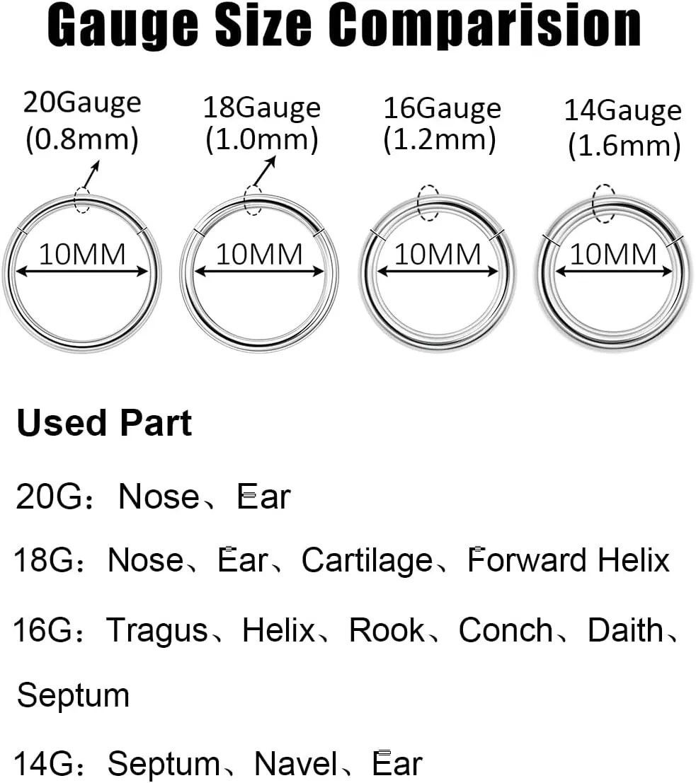 14G 16G 18G 20G 316L Stainless Steel Hinged Nose Rings Hoop for Women Men Septum Clicker Hinged Segment Ring Cartilage Helix Tragus Earring Lip Rook Conch Hoop 6-14MM