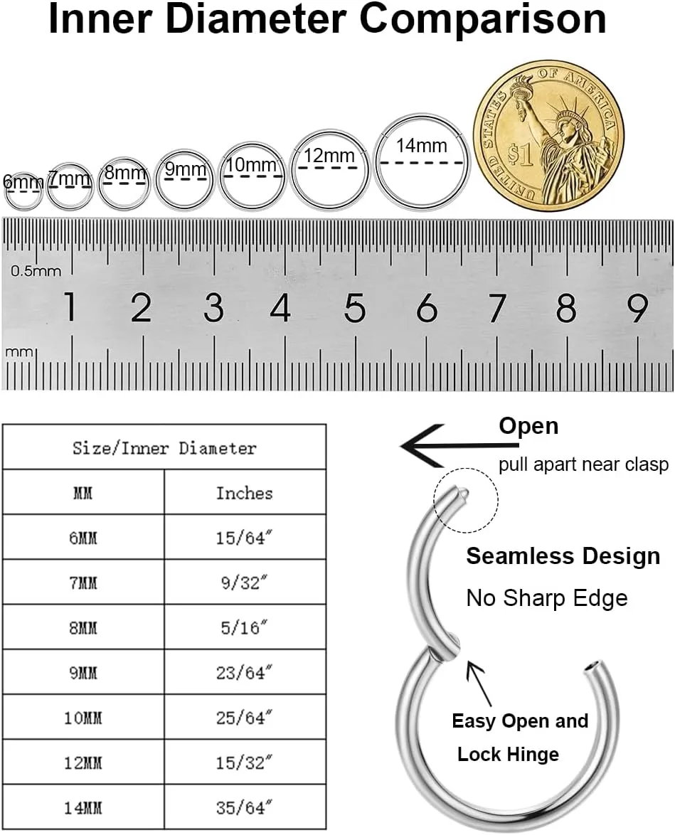 14G 16G 18G 20G 316L Stainless Steel Hinged Nose Rings Hoop for Women Men Septum Clicker Hinged Segment Ring Cartilage Helix Tragus Earring Lip Rook Conch Hoop 6-14MM