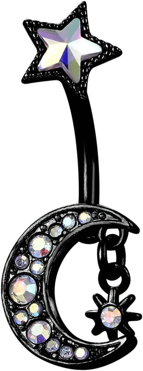 14G Belly Ring for Women, Belly Rings Sexy Belly Button Ring Surgical Steel Moon Sun and Star Colorful Cubic Zirconia Belly Button Jewelry