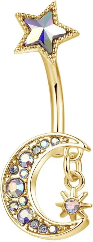 14G Belly Ring for Women, Belly Rings Sexy Belly Button Ring Surgical Steel Moon Sun and Star Colorful Cubic Zirconia Belly Button Jewelry