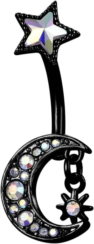 14G Belly Ring for Women, Belly Rings Sexy Belly Button Ring Surgical Steel Moon Sun and Star Colorful Cubic Zirconia Belly Button Jewelry