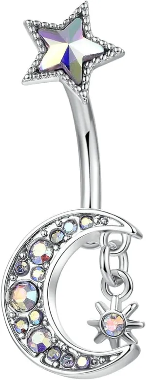 14G Belly Ring for Women, Belly Rings Sexy Belly Button Ring Surgical Steel Moon Sun and Star Colorful Cubic Zirconia Belly Button Jewelry