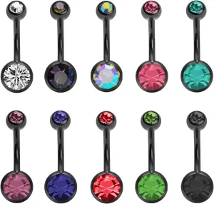 14G Black Belly Button Rings Pack Surgical Steel Bezel Set CZ Belly Ring for Women Internally Threaded Double Round Crystal Navel Piercing Ring Set Fashion Belly Bars Navel Rings 10 Pcs