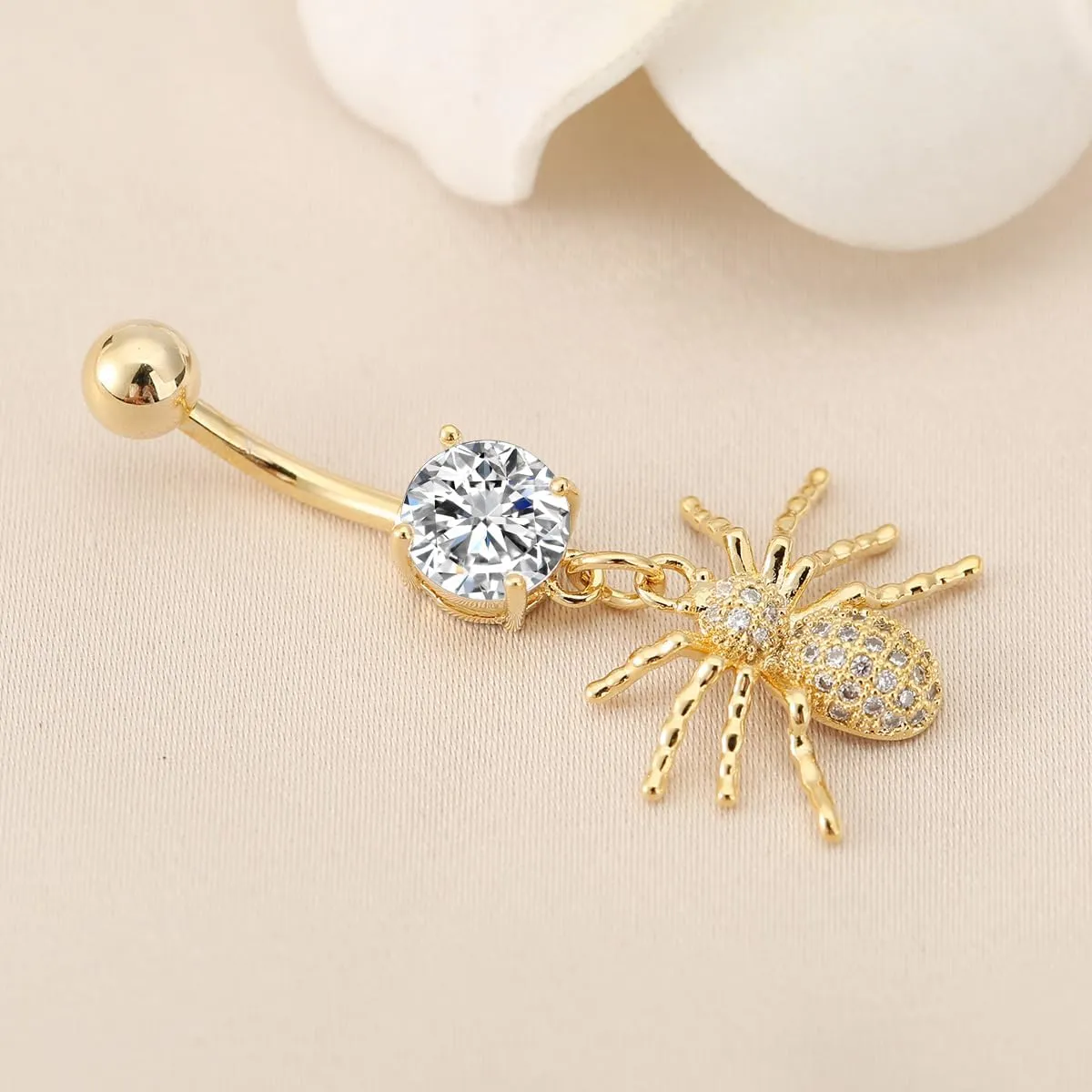 14G Crystal Spider Dangle Belly Button Ring for Women Men Stainless Steel Cubic Zirconia Statement Goth Insect Charm Navel Rings Curved Barbell Simple Sexy Halloween Body Piercing Jewelry