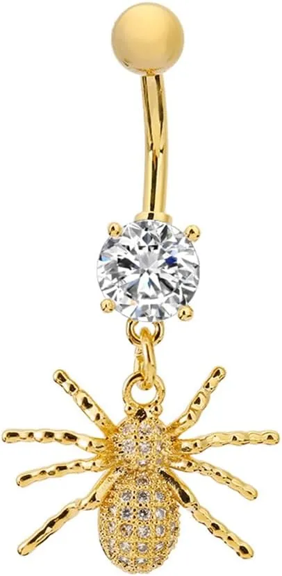 14G Crystal Spider Dangle Belly Button Ring for Women Men Stainless Steel Cubic Zirconia Statement Goth Insect Charm Navel Rings Curved Barbell Simple Sexy Halloween Body Piercing Jewelry