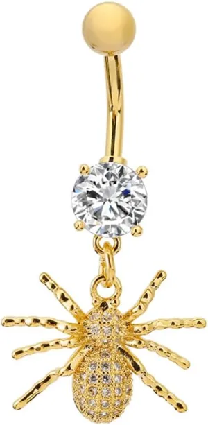 14G Crystal Spider Dangle Belly Button Ring for Women Men Stainless Steel Cubic Zirconia Statement Goth Insect Charm Navel Rings Curved Barbell Simple Sexy Halloween Body Piercing Jewelry