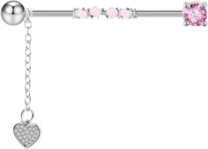 14G CZ Heart Industrial Barbell Earrings for Women Stainless Steel Chains Dangle Industrial Piercing Jewelry 38mm Conch Helix Cartilage Industrial Bar