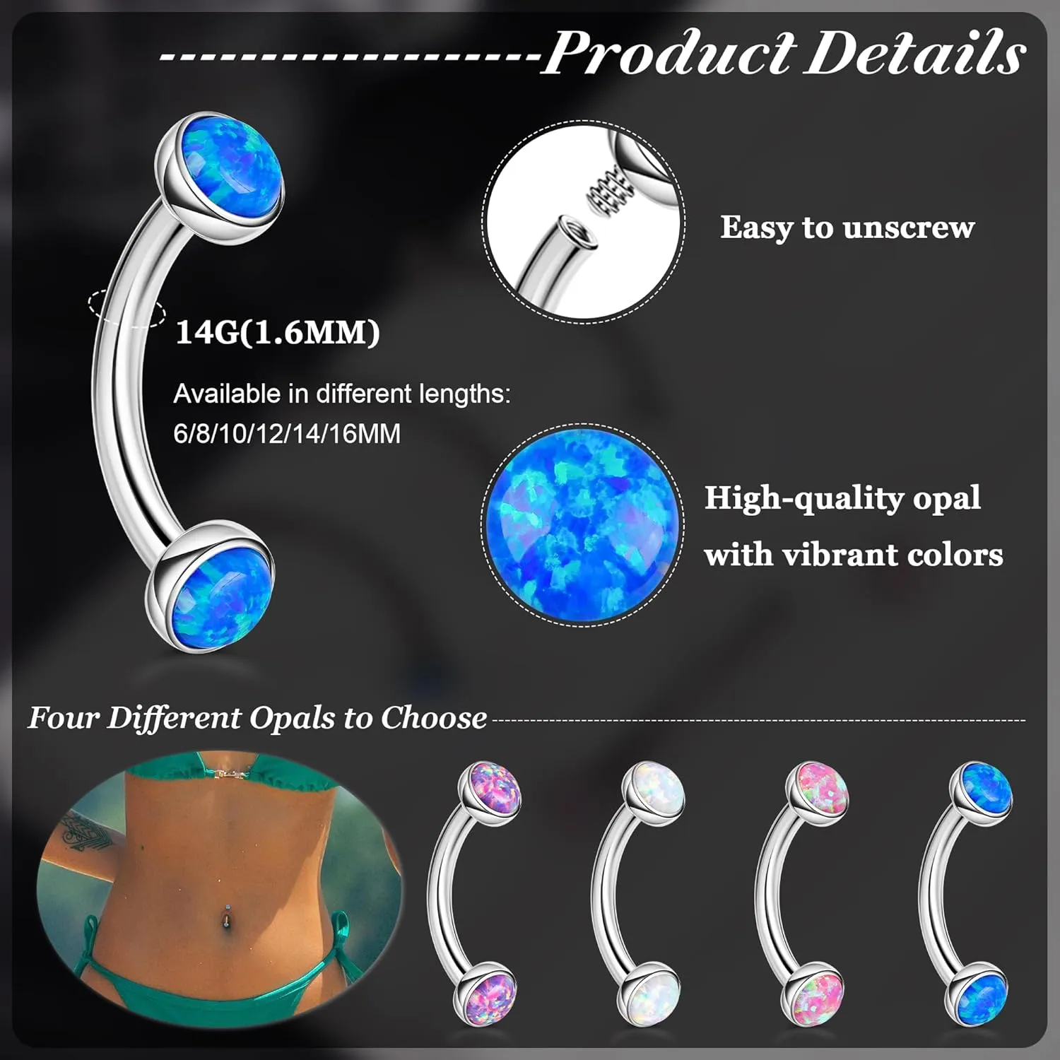 14G G23 Titanium Opal Belly Button Rings for Women Small Belly Ring Internally Thread Petite Navel Ring