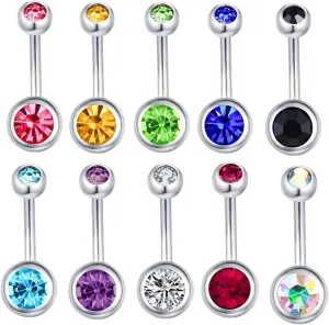 14G Navel Ring For Women, Navel Ring Sexy Stainless Steel Belly Ring Set Simple 10PCS Barbell Colorful Cubic Zirconia Silver Belly Button Rings