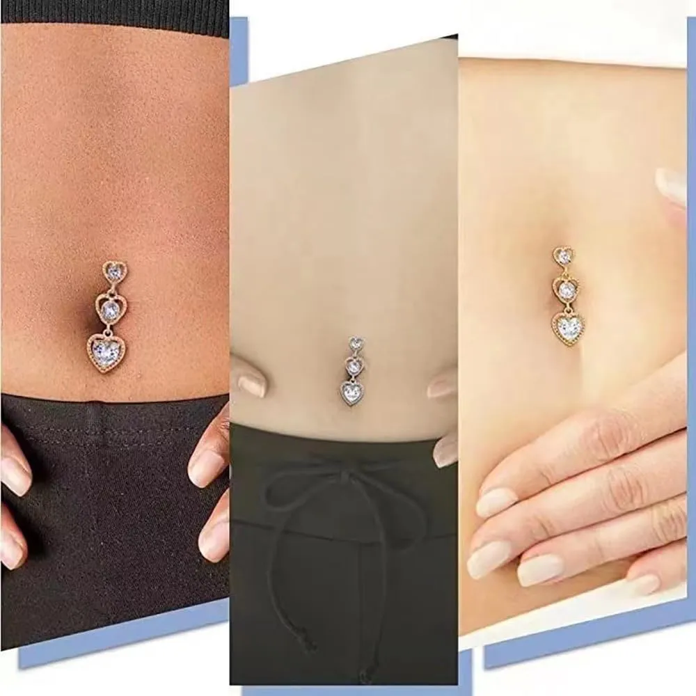 14G Triple Heart Reverse Dangle Belly Button Rings for Women Stainless Steel Cubic Zirconia Dangling Belly Navel Barbell Body Piercing Jewelry