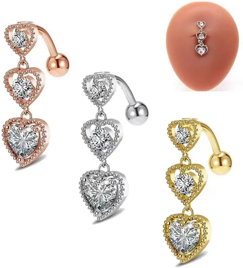 14G Triple Heart Reverse Dangle Belly Button Rings for Women Stainless Steel Cubic Zirconia Dangling Belly Navel Barbell Body Piercing Jewelry