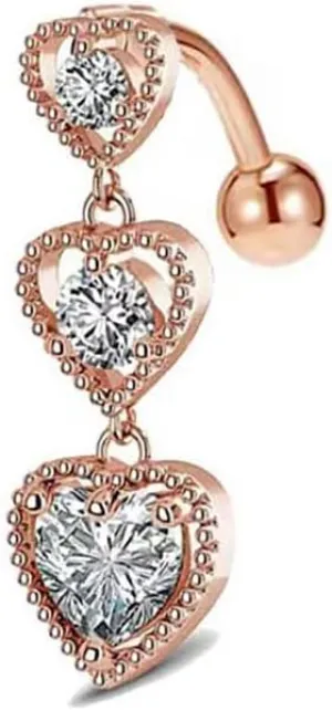 14G Triple Heart Reverse Dangle Belly Button Rings for Women Stainless Steel Cubic Zirconia Dangling Belly Navel Barbell Body Piercing Jewelry