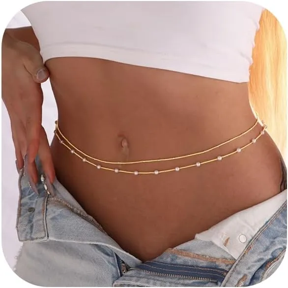 14K Gold Plated Body Chains Dainty Boho Layered Beach Waist Chain Adjustable Bikini Belly Chain Jewelry Accessories for Women Sexy