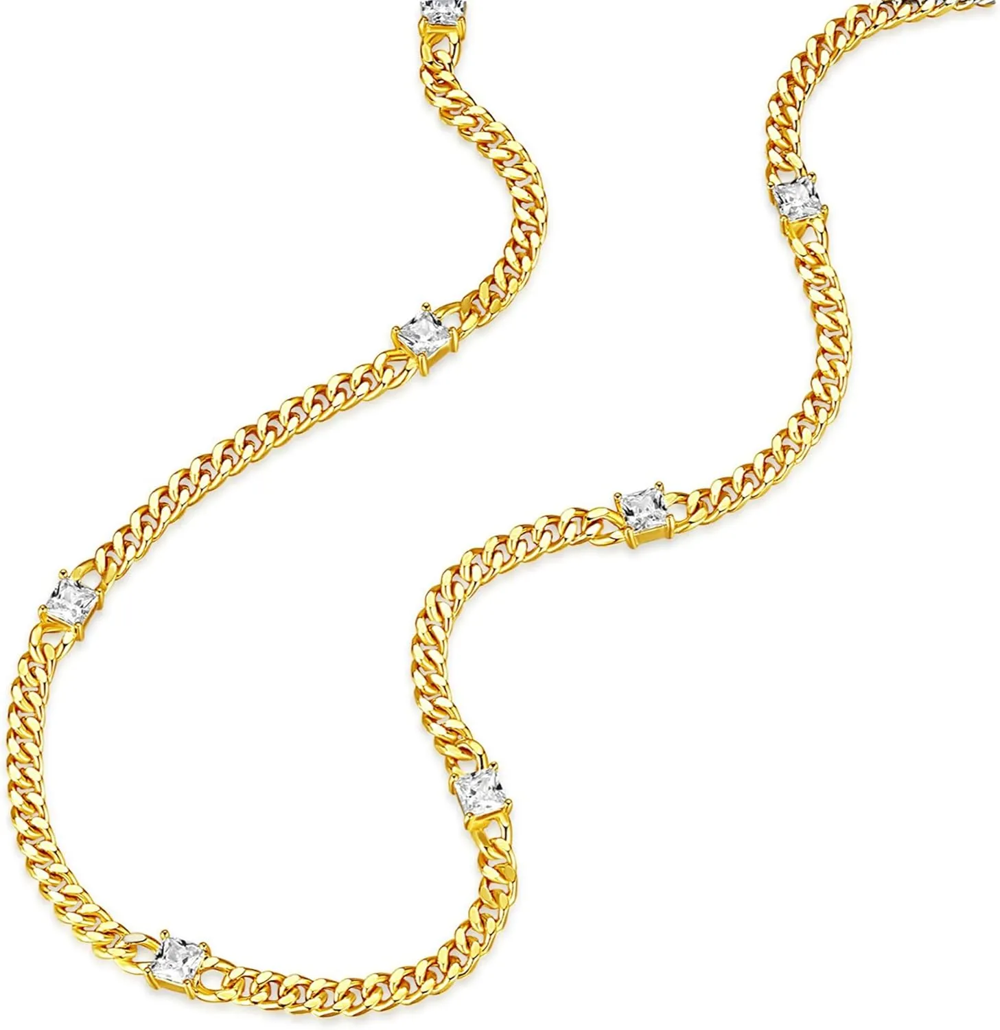 14K Gold Plated Cuban Link Chain Necklace with Baguette Cut Solitaire CZ | 3MM Gold Curb Link Necklace 14'' 2'' Extender