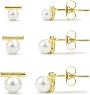 14K Gold Plated Simulated Pearl Stud Earrings Sterling Silver Posts Pearl Earrings for Women