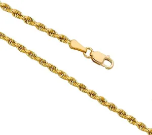 14k Real Yellow Gold Solid Rope Diamond Cut Chain Necklace with Lobster Claw Clasp, Ideal GIfts for Women or Men