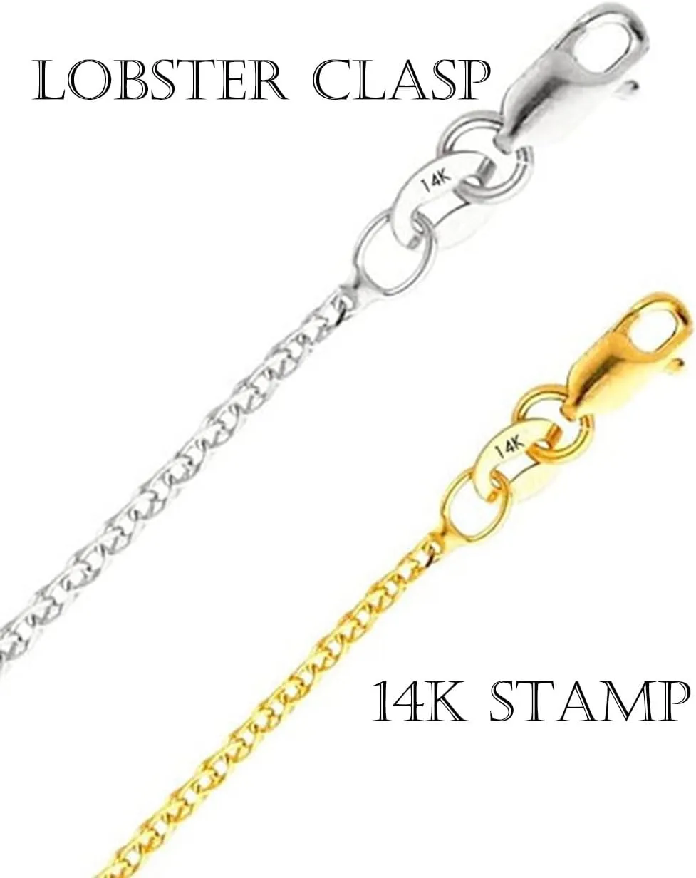 14k Real Yellow/White Gold Solid 1.55mm Flat Open Wheat Chain Necklace with Lobster Claw Clasp, Jewelry Gift for Women Men, 16-24 inch