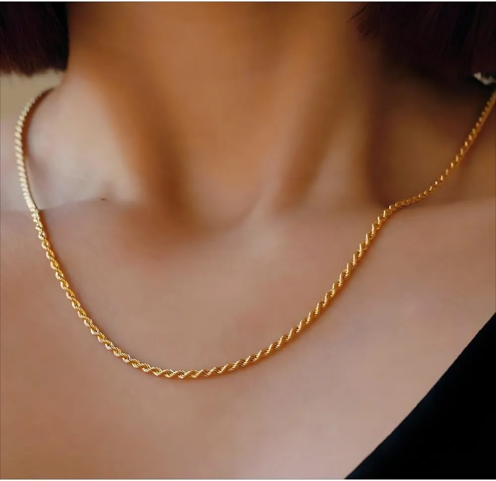 14K Solid Yellow Gold Twisted Rope Chain Necklace, Diamond Cut Classic Chain, 1.5mm,2mm,3.2mm and 4.2mm Gift for Men & Women (Available in 16 to 36 Inch Lengths)