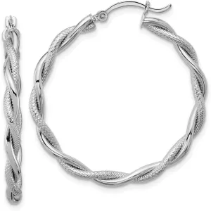 14k White Gold Large 3mm and Diamond-cut Twisted Tube Hoops Earrings - 34mm x 33mm