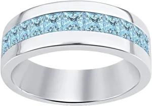 14K White Gold Over .925 Sterling Silver Princess Cut Aquamarine Mens Wedding Band Ring