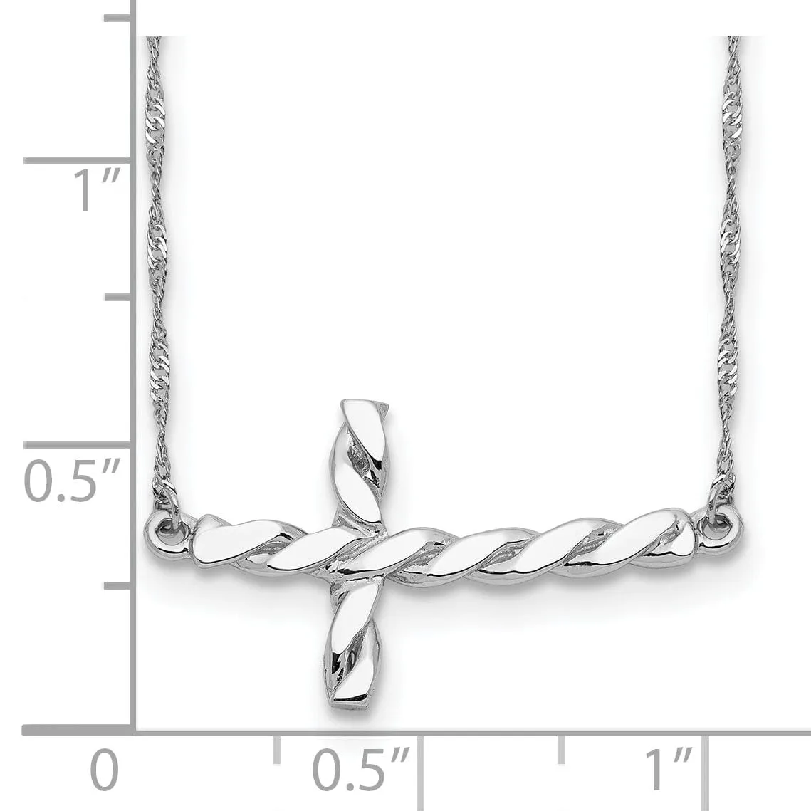 14k White Gold Polished Finish Solid Twisted Sideways Cross Pendant Design in a 17-Inch Rope Chain Necklace Set