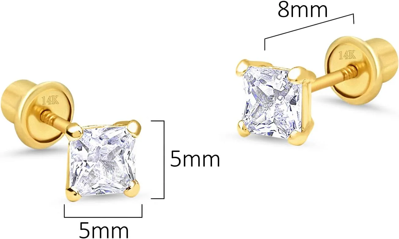 14k Yellow Gold 3, 4, 5mm Basket Princess Cut Cubic Zirconia Children Screw Back Baby Girls Earrings