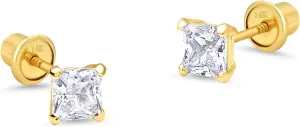 14k Yellow Gold 3, 4, 5mm Basket Princess Cut Cubic Zirconia Children Screw Back Baby Girls Earrings
