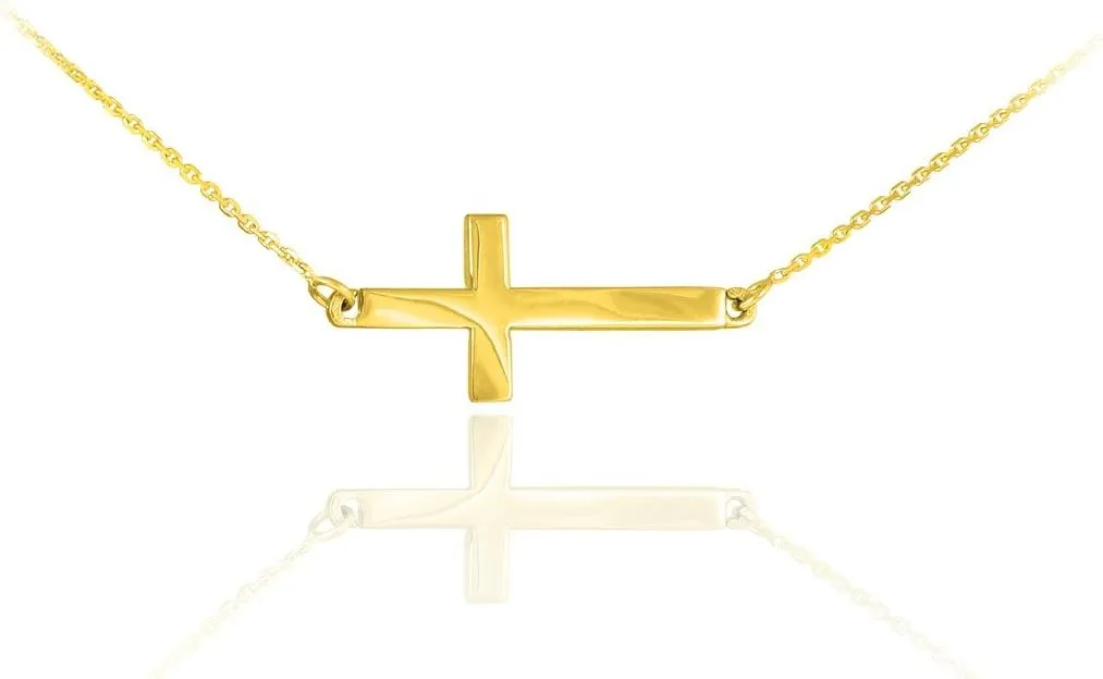 14k Yellow Gold Classic Horizontal/Sideways Cross Necklace on Rolo Chain - 20"