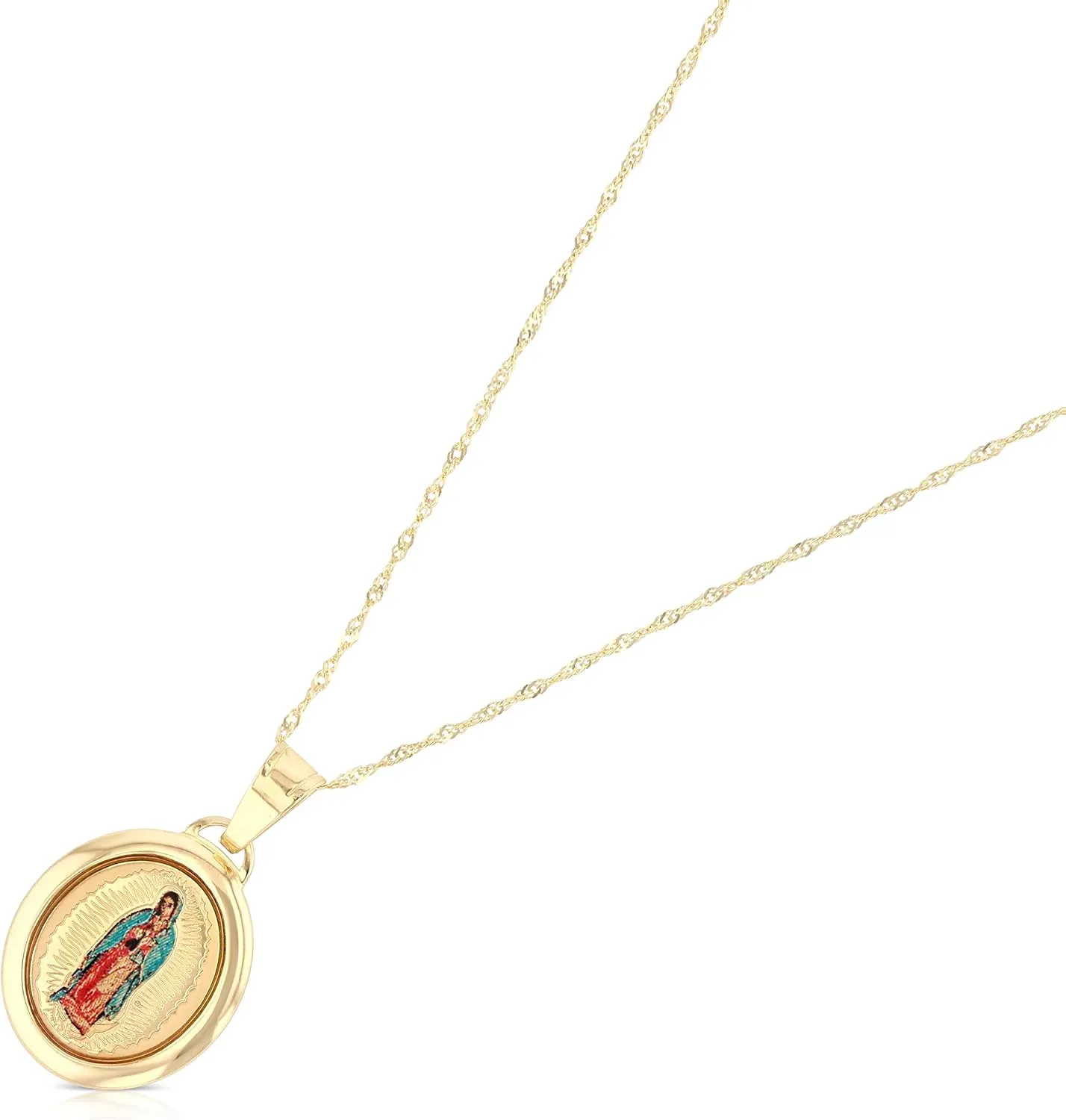 14K Yellow Gold Our Lady of Guadalupe Enamel Picture Charm Pendant with 0.9mm Singapore Chain Necklace