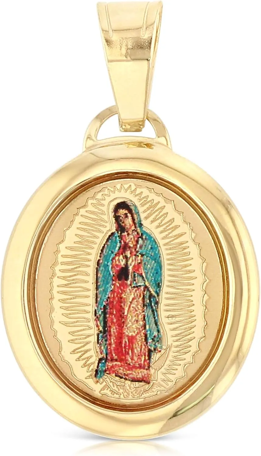 14K Yellow Gold Our Lady of Guadalupe Enamel Picture Charm Pendant with 0.9mm Singapore Chain Necklace