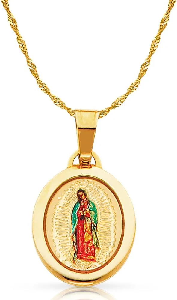 14K Yellow Gold Our Lady of Guadalupe Enamel Picture Charm Pendant with 0.9mm Singapore Chain Necklace